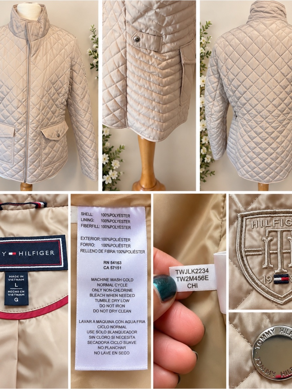NWOT Tommy Hilfiger Women’s Quilted Jacket Beige Tan Size Large Full Zip